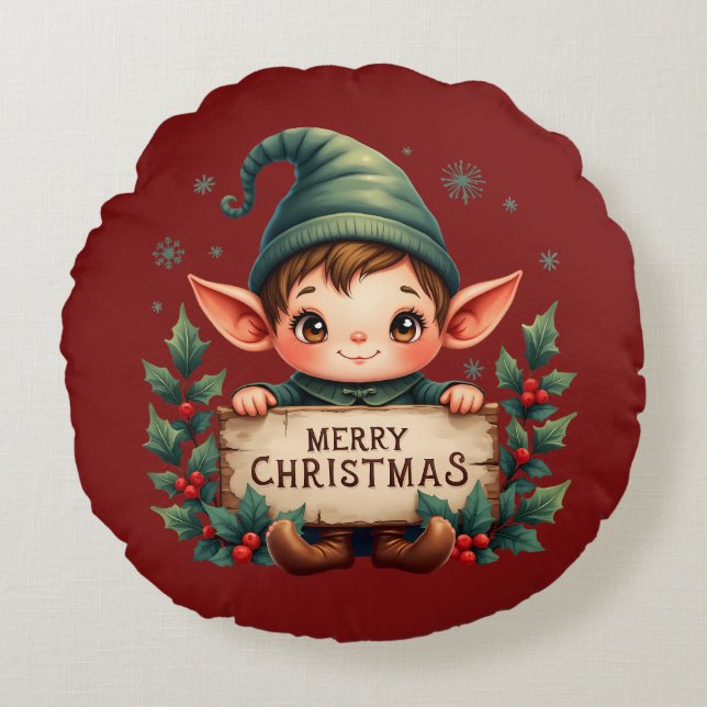 Cute Christmas Elf Holding Merry Sign Red Round Cushion (Front)