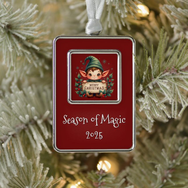 Cute Christmas Elf Holding Merry Sign Red Silver Plated Framed Ornament (Tree)