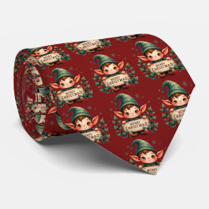 Cute Christmas Elf Holding Merry Sign Red Tie