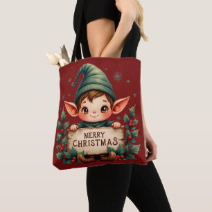 Cute Christmas Elf Holding Merry Sign Red Tote Bag
