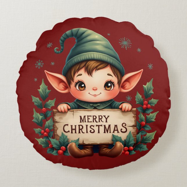 Cute Christmas Elf Holding Merry Sign Round Cushion (Front)