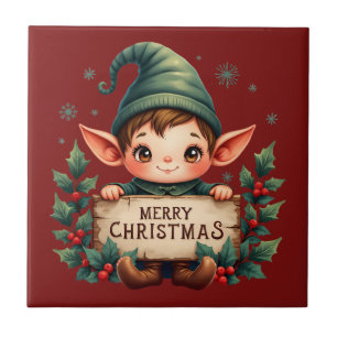 Cute Christmas Elf Holding Merry Sign Tile
