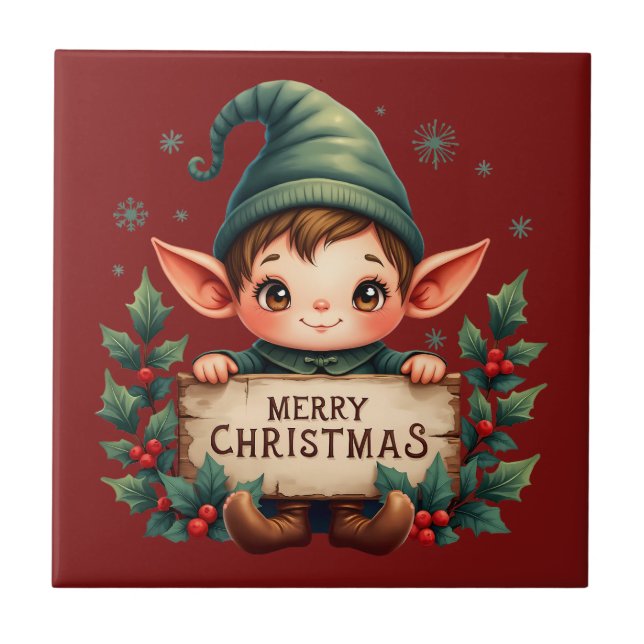 Cute Christmas Elf Holding Merry Sign Tile (Front)
