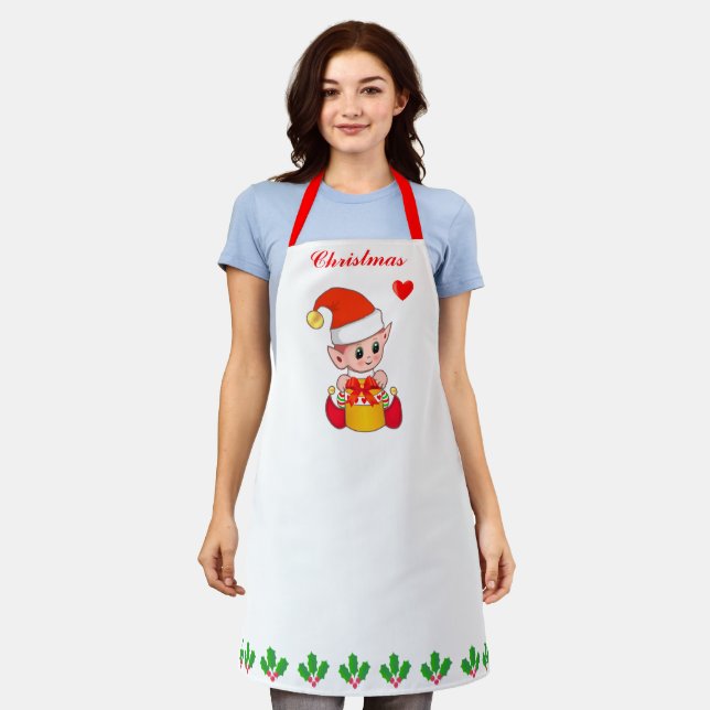 Cute Christmas elf & holly berry leaf decoration Apron (Worn)