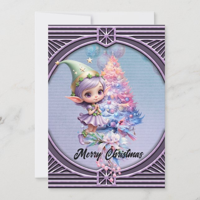 Cute Christmas elf in delicate purple colours  Holiday Card (Front)