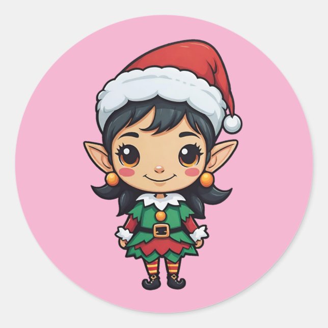 Cute Christmas Elf in Tights Classic Round Sticker (Front)