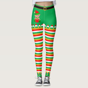 Cute Christmas Elf & Jingle Bells on Striped Leggings