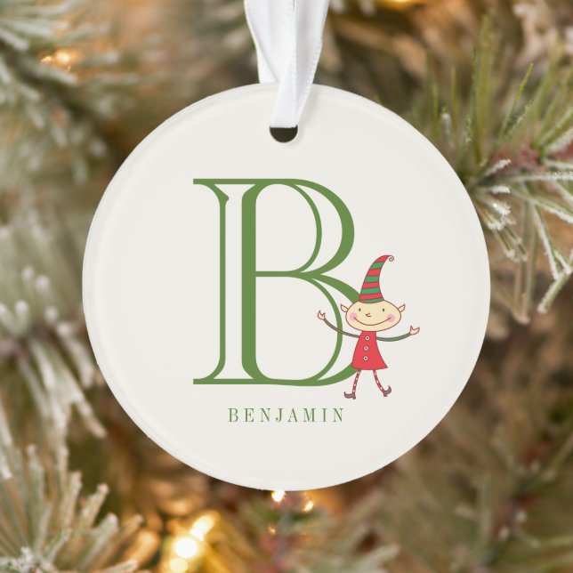 Cute Christmas Elf Monogram Holiday Kid's Photo Ornament (Tree)