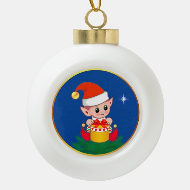 Cute Christmas Elf on blue Ceramic Ball Christmas Ornament (Front)