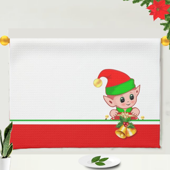 Cute Christmas Elf on Green, Red and White Tea Towel (Creator Uploaded)
