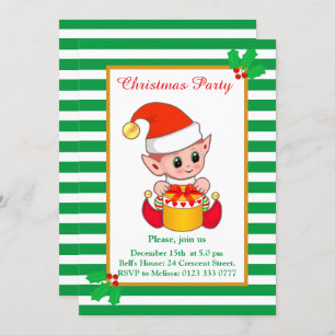 Cute Christmas Elf on Green White Party Invitation