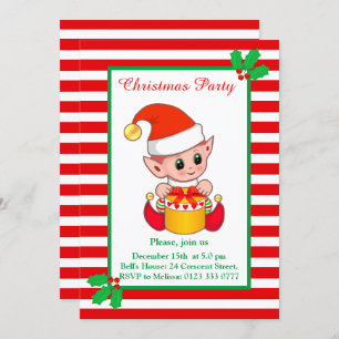 Cute Christmas Elf on Red White Party Invitation