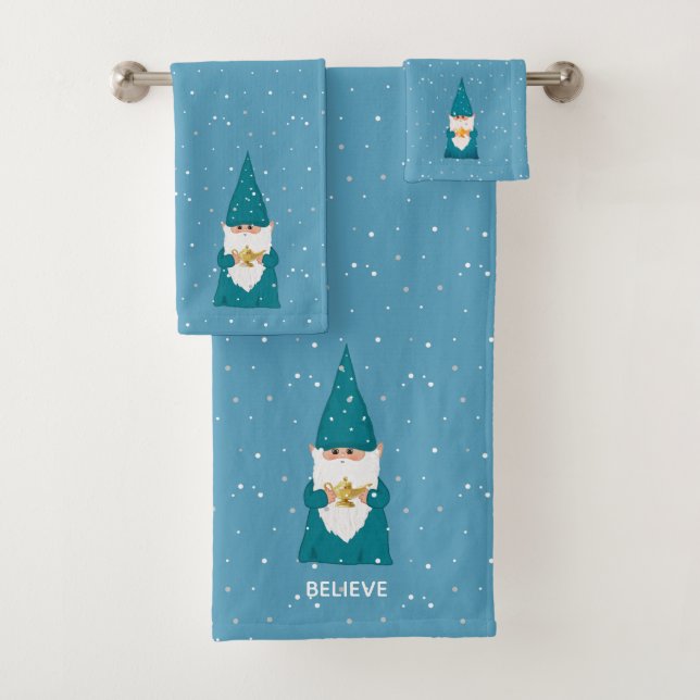 Cute Christmas Elf on Sapphire Blue Bath Towel Set (Insitu)