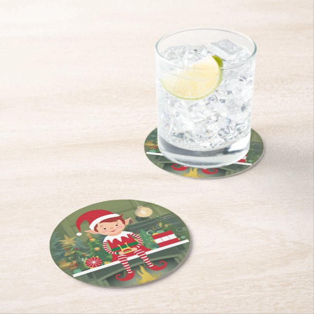 Cute Christmas Elf On Shelf Paper Coaster (Insitu)