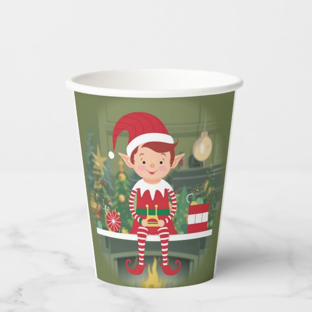 Cute Christmas Elf On Shelf Paper Cups (Front)