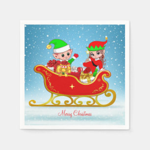 Cute Christmas Elf on Sleigh on Light Blue Napkin