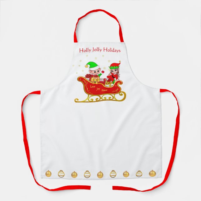 Cute Christmas Elf on Sleigh with Presents Apron (Front)