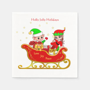 Cute Christmas Elf on Sleigh with Presents Napkin