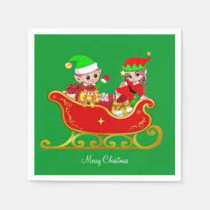 Cute Christmas Elf on Sleigh with Presents Napkins