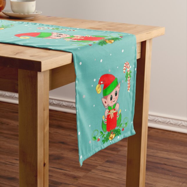 Cute Christmas Elf on Teal Medium Table Runner (In Situ)