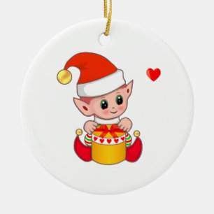 Cute Christmas Elf on White Ceramic Tree Decoration
