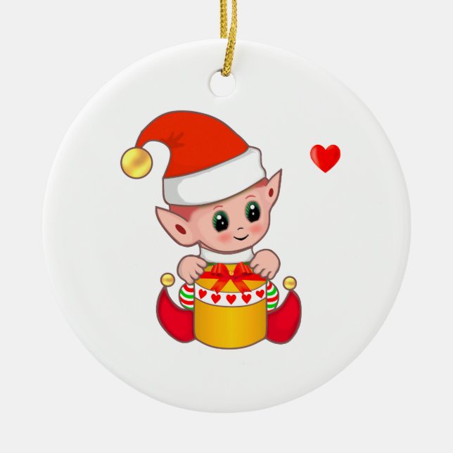 Cute Christmas Elf on White Ceramic Tree Decoration (Front)