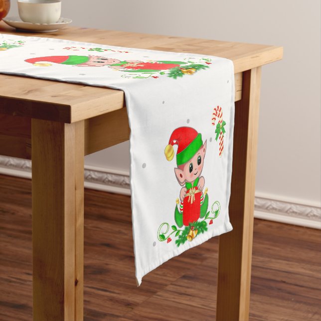 Cute Christmas Elf on White Medium Table Runner (In Situ)