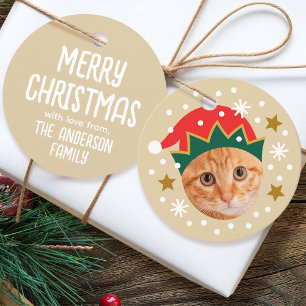 Cute Christmas Elf Pet Photo Custom Name Gold Favour Tags