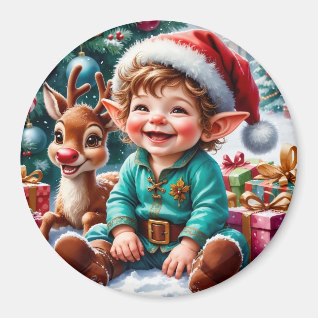 Cute Christmas Elf & Reindeer  Magnet (Front)