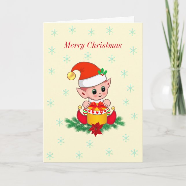 Cute Christmas Elf & Snowflakes on Ivory Holiday Card (Front)