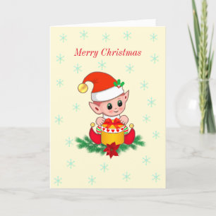 Cute Christmas Elf & Snowflakes on Ivory Holiday Card