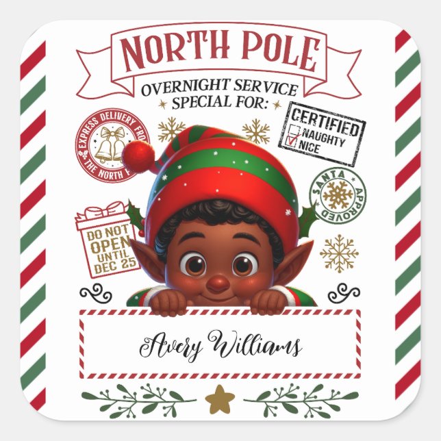 Cute Christmas Elf Special Delivery From Santa Square Sticker (Front)