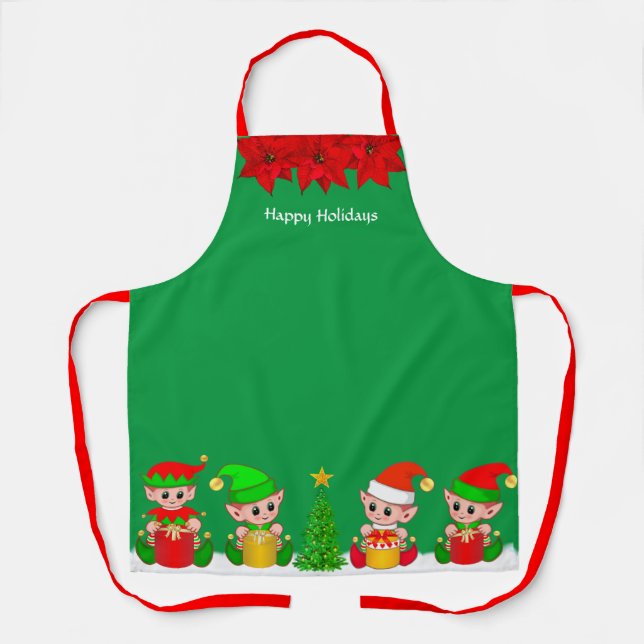 Cute Christmas Elf Squad & Poinsettias on Green Apron (Front)
