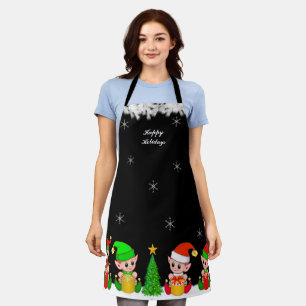 Cute Christmas Elf Squad & Snowflakes on Black Apron