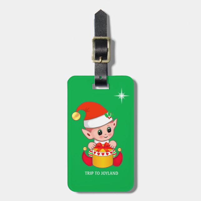 Cute Christmas Elf & Star on Green Luggage Tag (Front Vertical)
