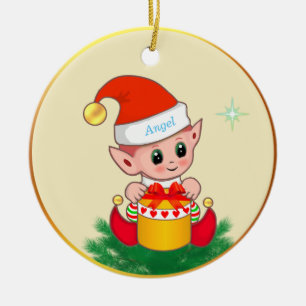 Cute Christmas elf & star on ivory Ceramic Tree Decoration
