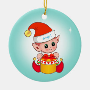Cute Christmas elf & star on light blue Ceramic Tree Decoration