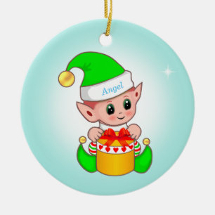 Cute Christmas elf & star on light blue Ceramic Tree Decoration