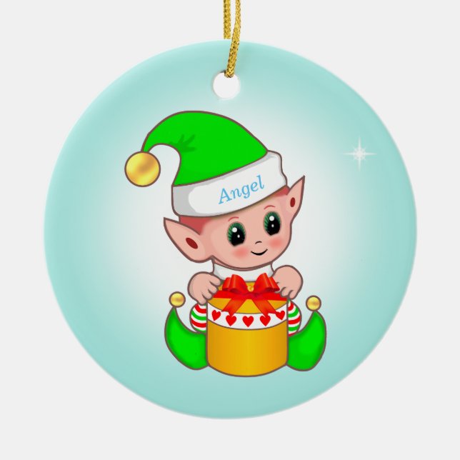 Cute Christmas elf & star on light blue Ceramic Tree Decoration (Front)