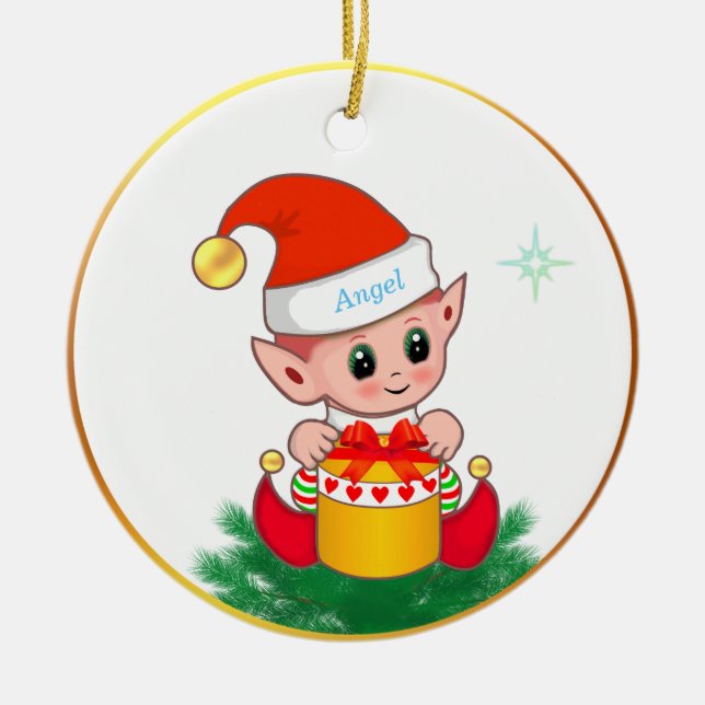 Cute Christmas elf & star on white Ceramic Tree Decoration (Front)