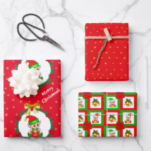 Cute Christmas Elf, Stars on Red and Bells Wrapping Paper Sheet