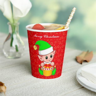 Cute Christmas Elf & Stars on Red Paper Cups