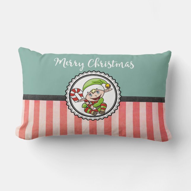 Cute Christmas Elf with Candy Cane Merry Christmas Lumbar Cushion (Front)