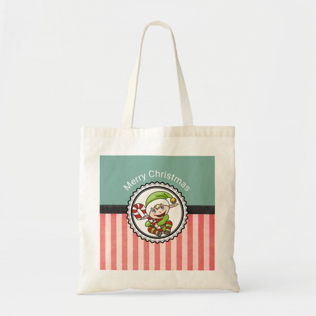 Cute Christmas Elf with Candy Cane Merry Christmas Tote Bag (Front)