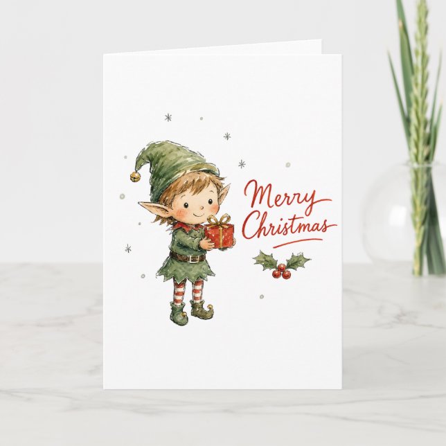 Cute Christmas Elf with Gift Box Card (Front)