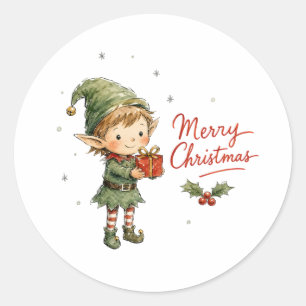 Cute Christmas Elf with Gift Box Classic Round Sticker