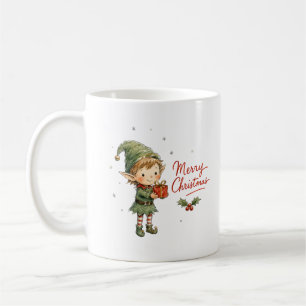Cute Christmas Elf with Gift Box Coffee Mug