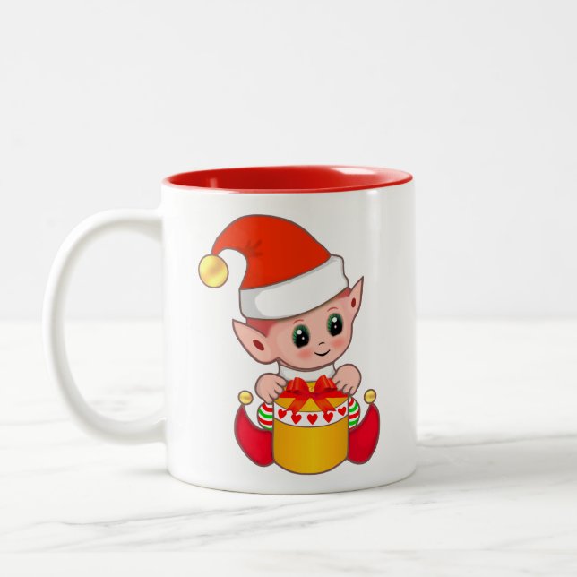 Cute Christmas Elf with Gift Box Two-Tone Coffee Mug (Left)