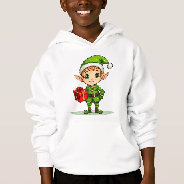Cute Christmas Elf with Gift – Holiday Hoodie (Front)