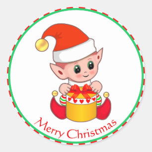 Cute Christmas Elf with Red & White Striped Frame Classic Round Sticker